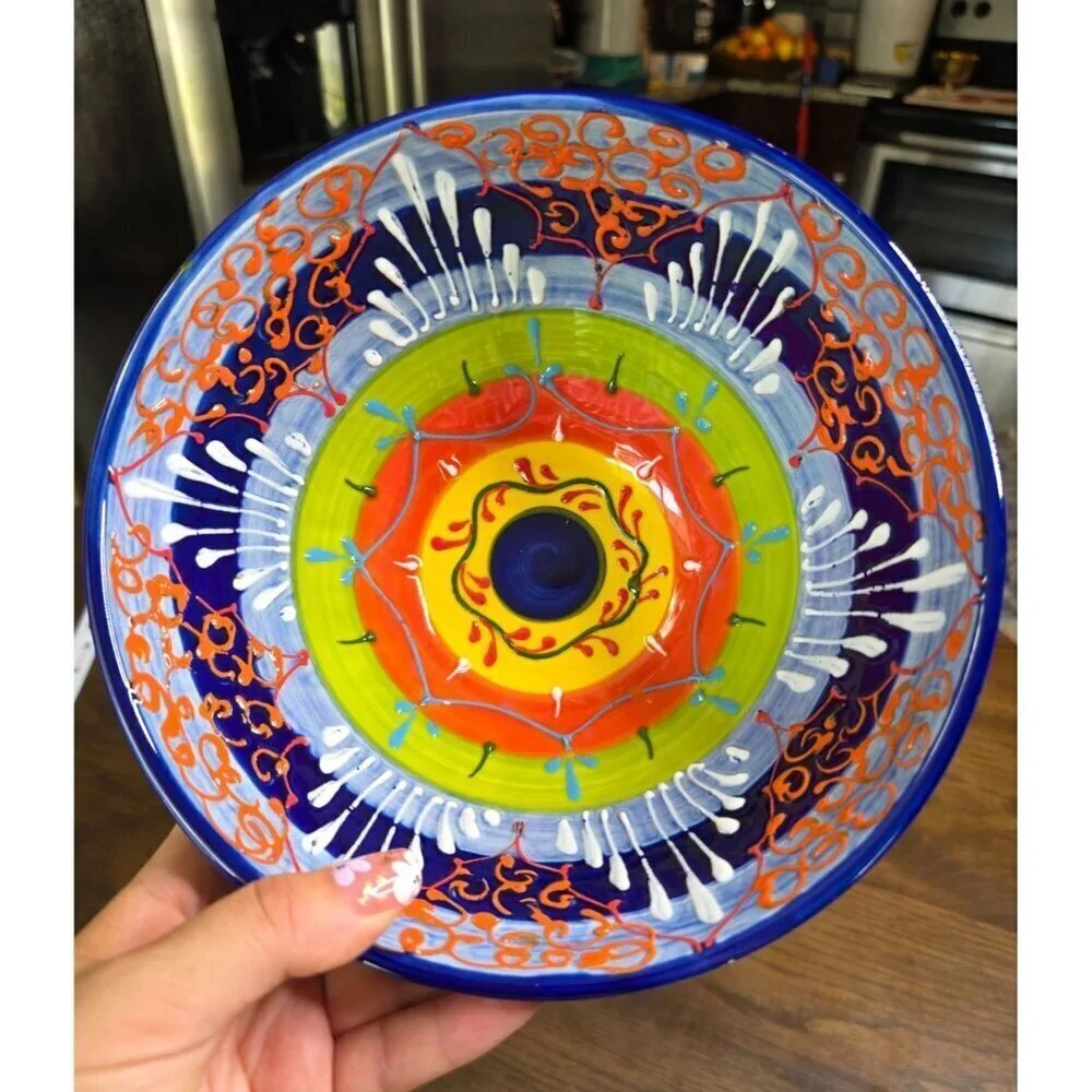 Hand-Painted Ceramic Bowl From Spain With Vibrant Blue Orange & Yellow‎ Patterns